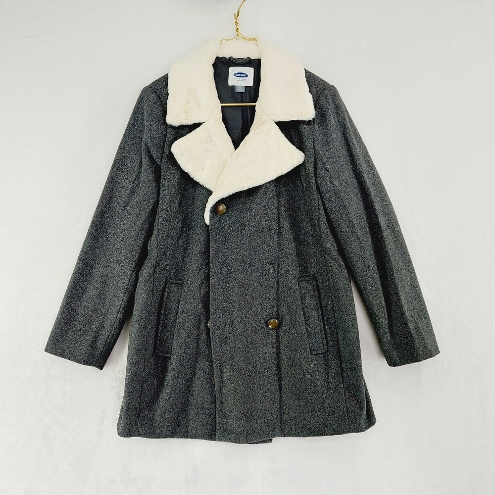 Old Navy Faux Fur Accent Grey Buttons Wool Blend Coat Z10
